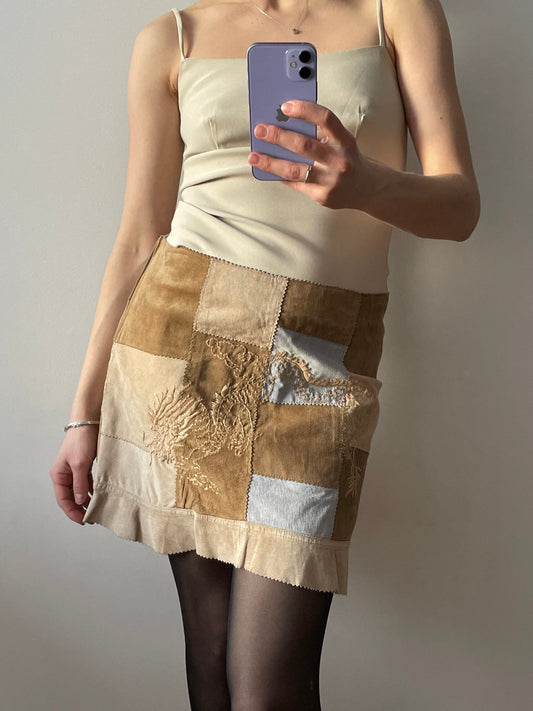 Vintage leather mini skirt with dragoon embroidery, low rise skirt in beige, patchwork suede leather skirt