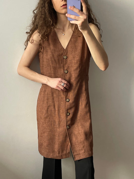 Vintage knitted waistcoat in brown, women button-down dress