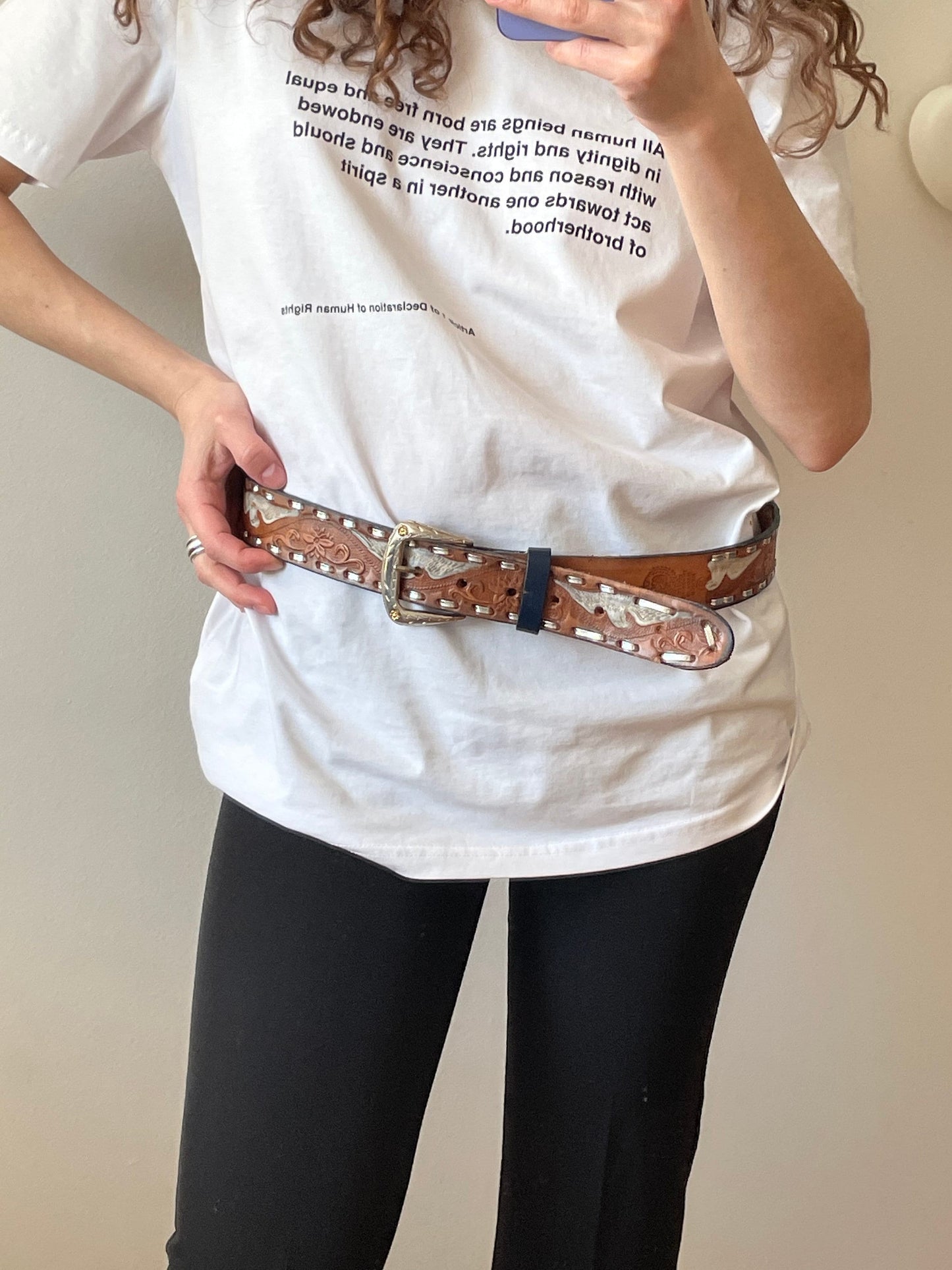 Vintage western engraved leather brown belt, wide brown belt