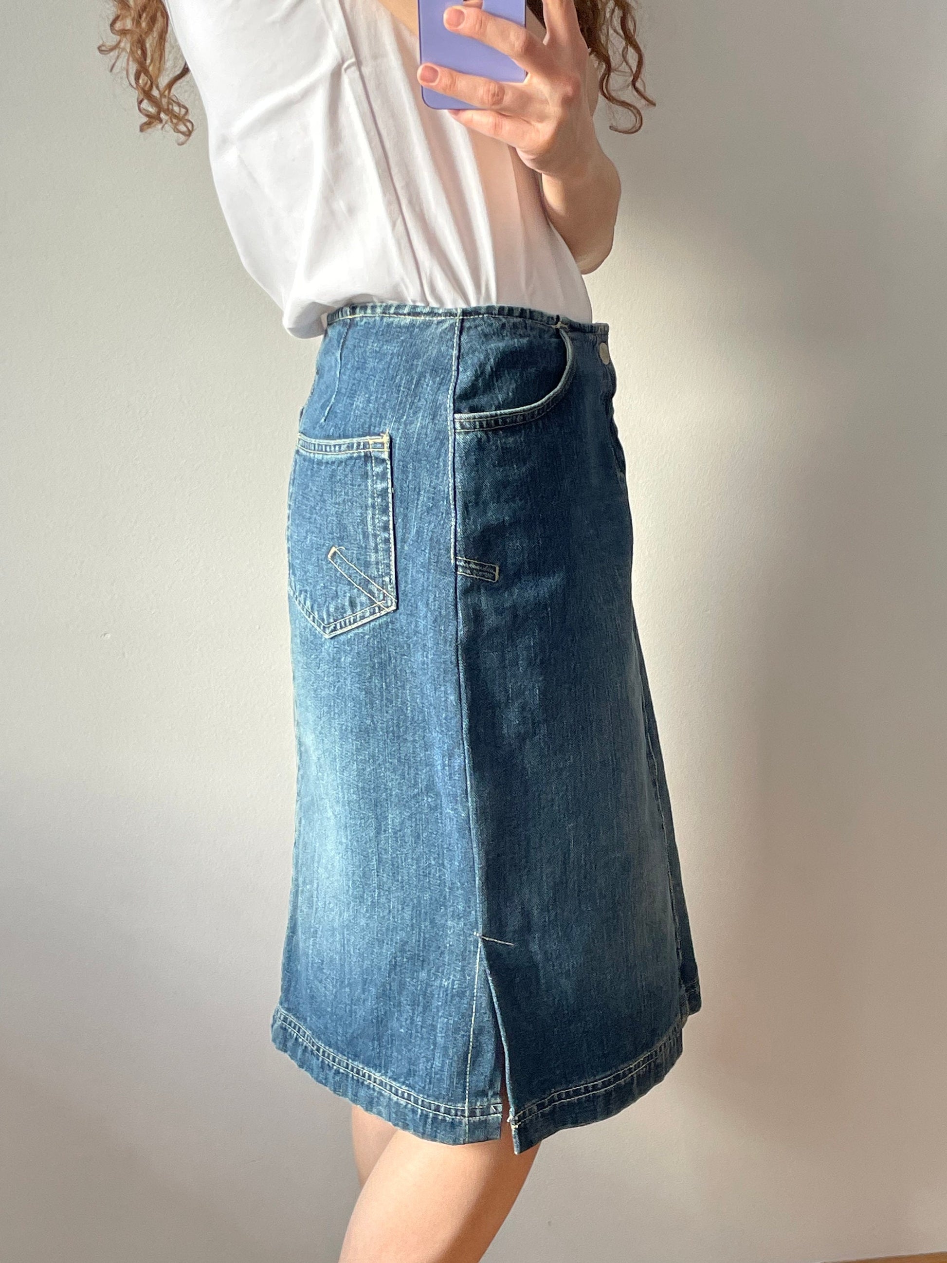 Vintage MEXX midi denim skirt, retro jeans knee-length skirt in blue, low rise skirt