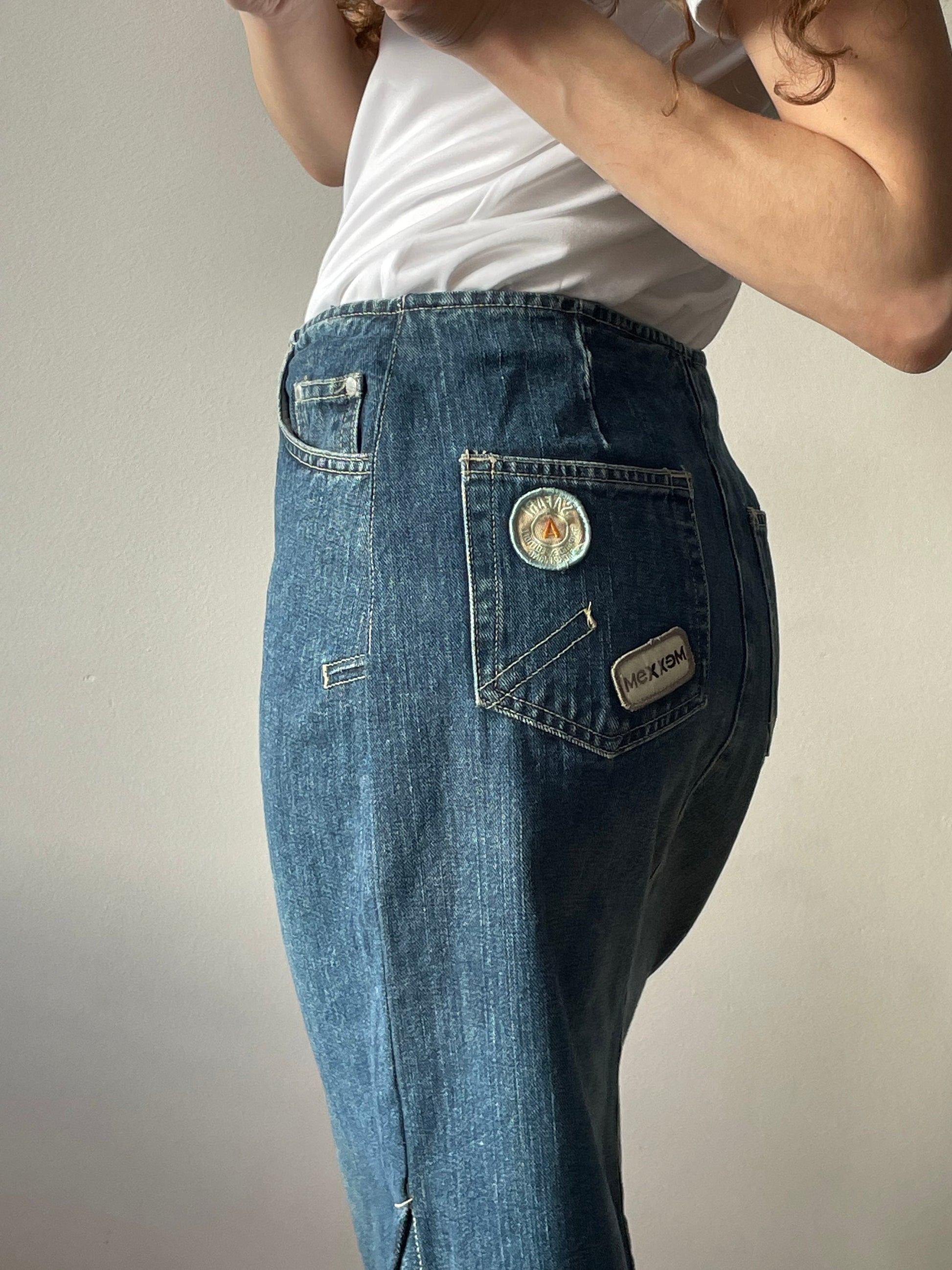 Vintage MEXX midi denim skirt, retro jeans knee-length skirt in blue, low rise skirt