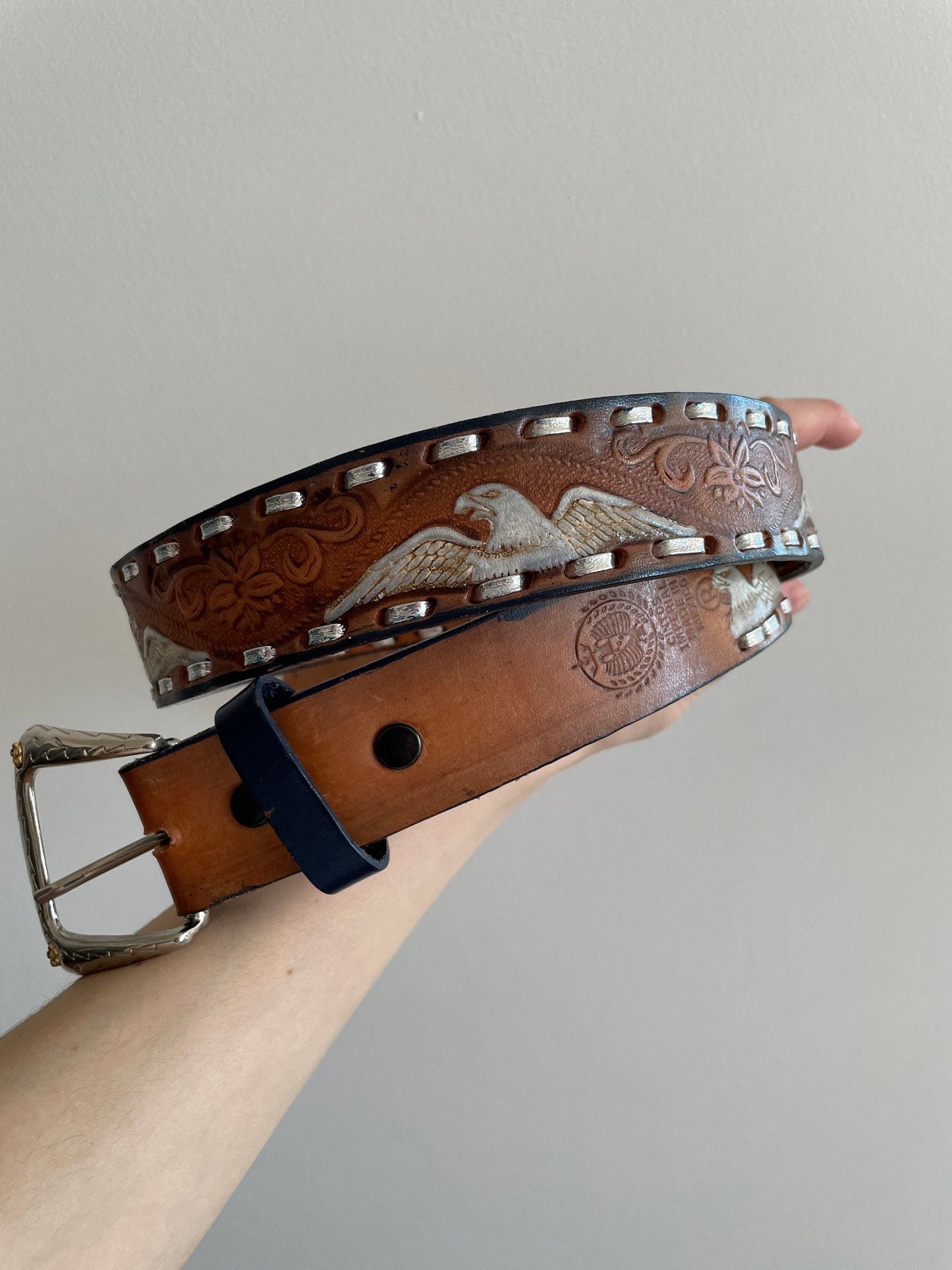 Vintage western engraved leather brown belt, wide brown belt