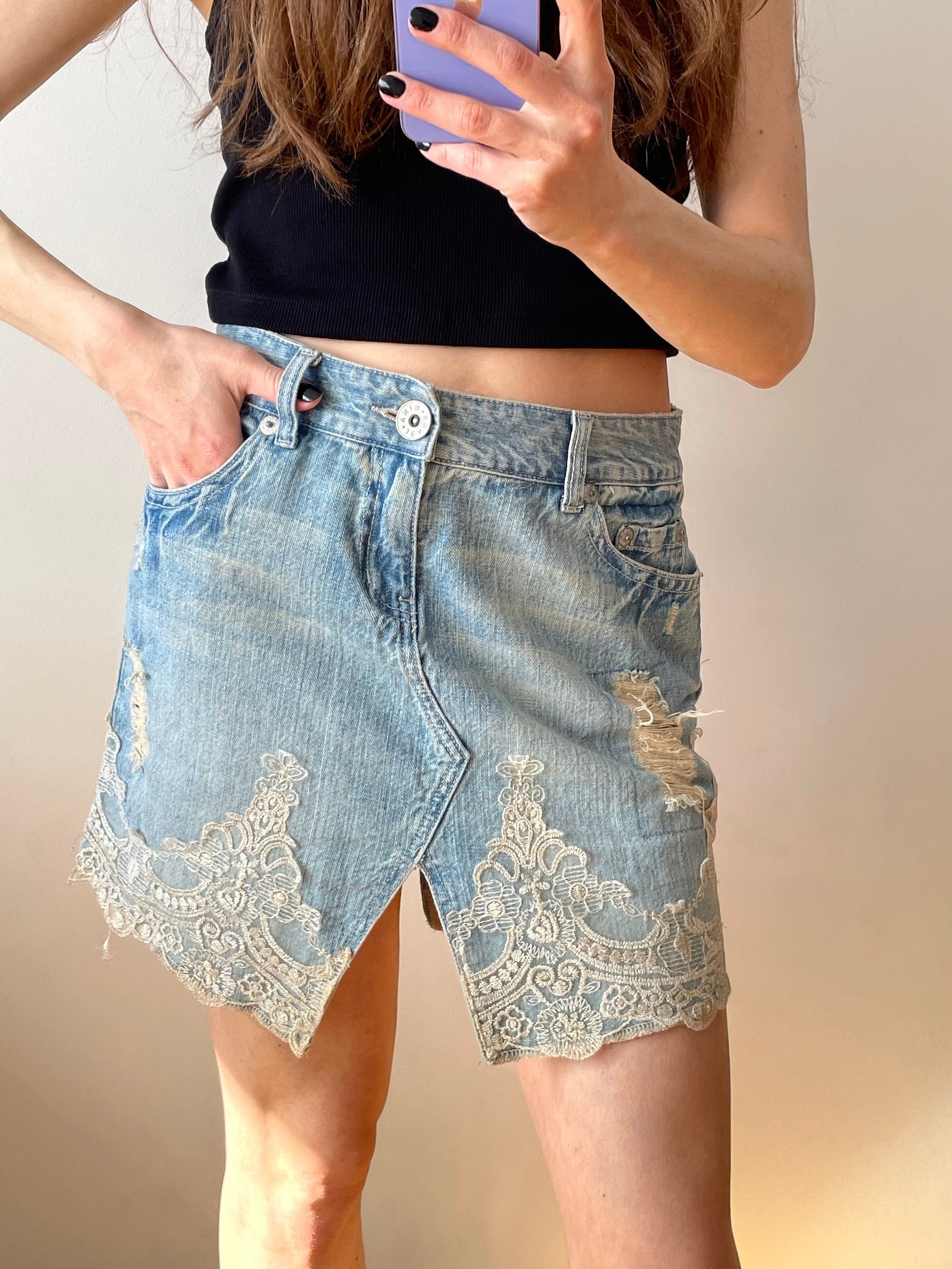 Vintage y2k denim mini skirt with embroidered lace inserts