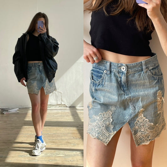 Vintage y2k denim mini skirt with embroidered lace inserts