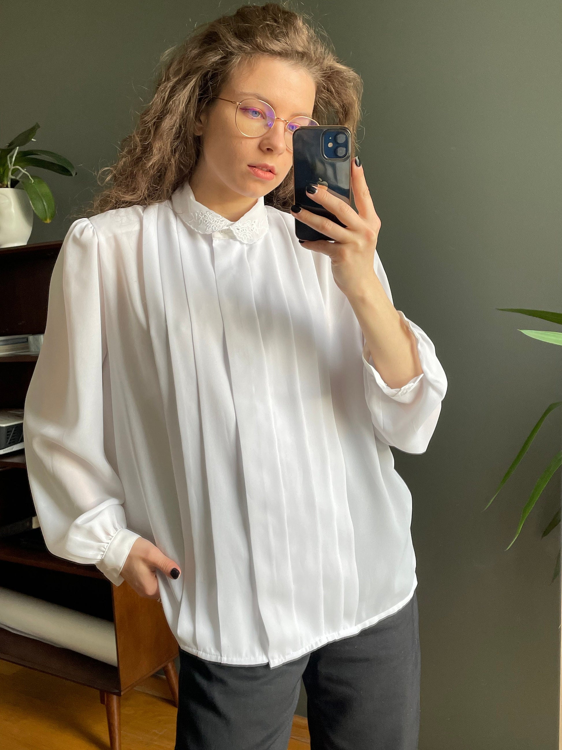 Vintage women blouse in white, pleated blouse