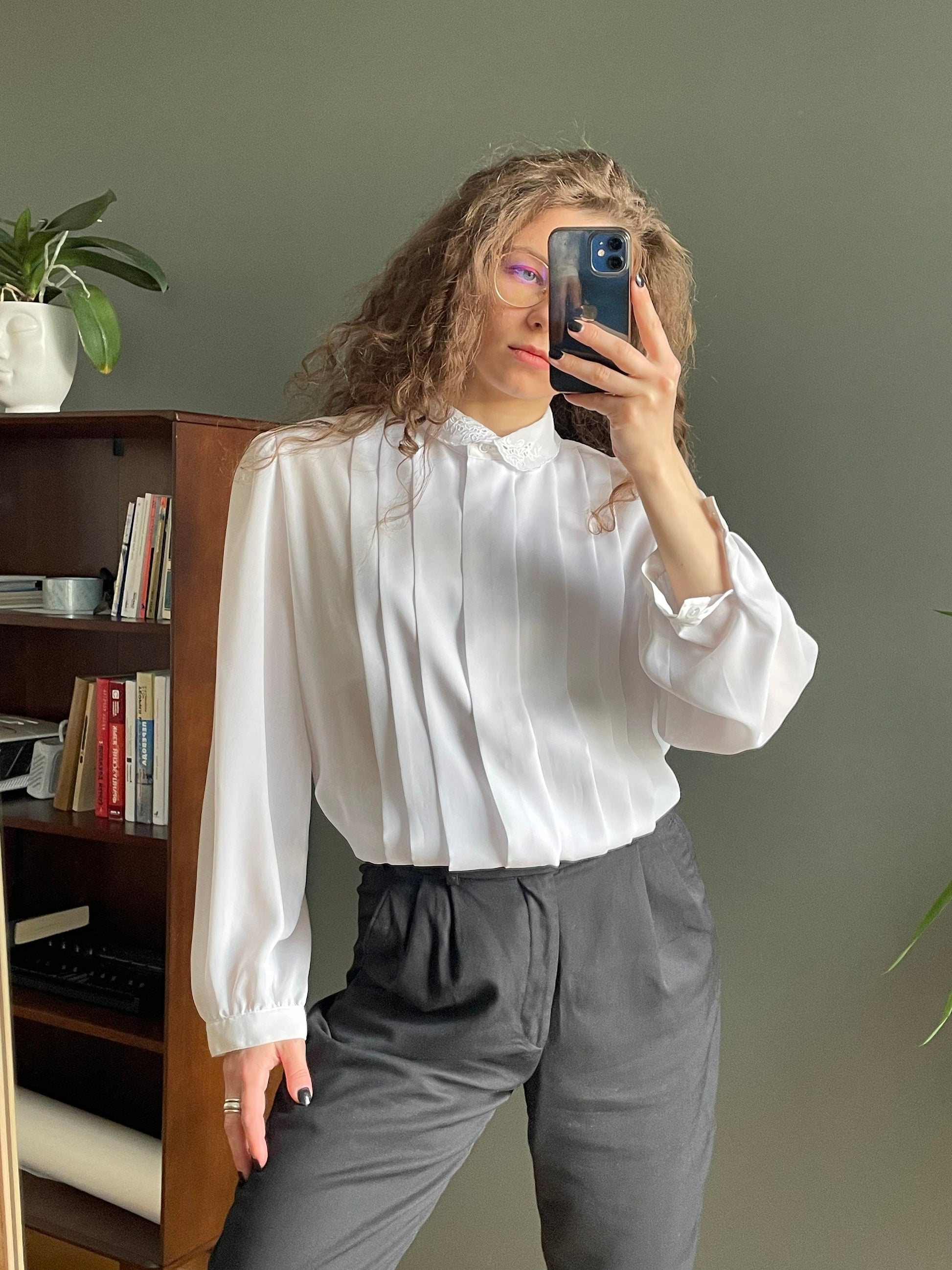 Vintage women blouse in white, pleated blouse