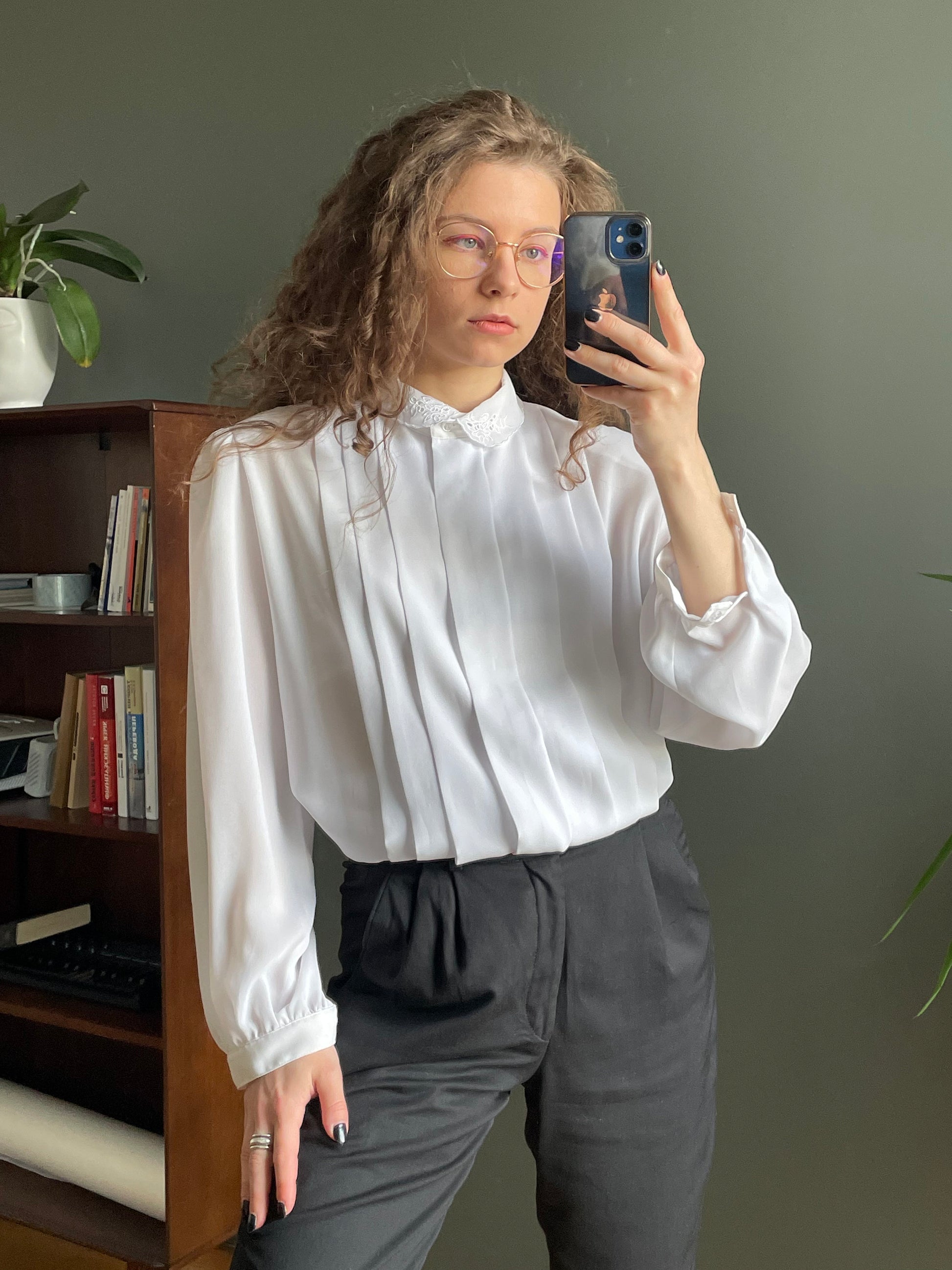 Vintage women blouse in white, pleated blouse