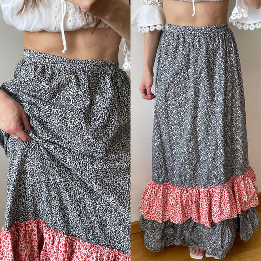 Vintage loose linen skirt, traditional maxi skirt with flowers