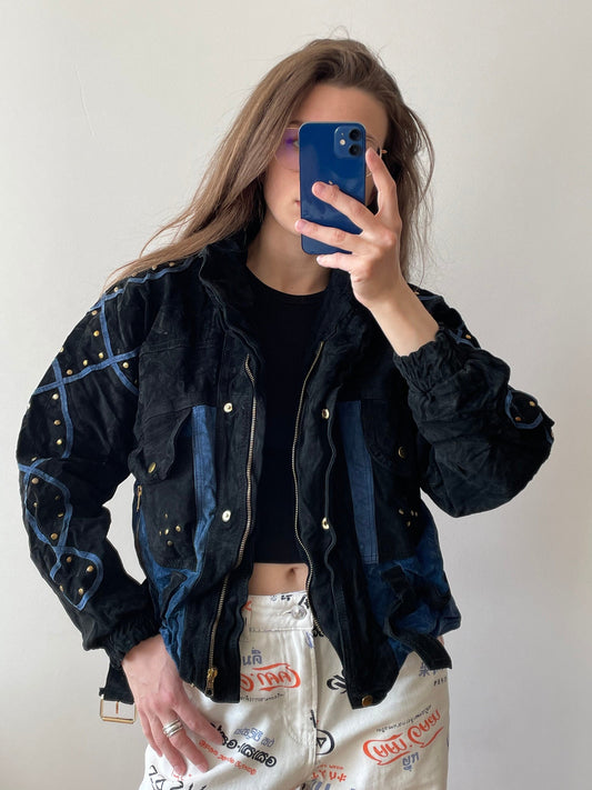 Vintage 90s suede leather motorcycle bomber jacket in black, cropped leather jacket, dolman sleeve jacket