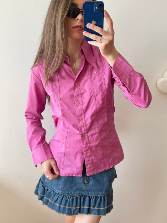 Vintage y2k button-up cotton blouse in pink, long-sleeve shirt