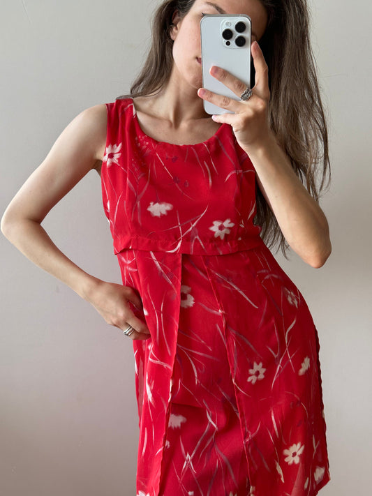 Vintage floral dress in red, maxi sleeveless summer dress