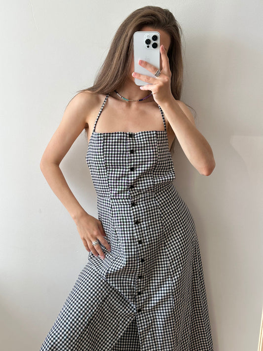 Vintage plaid maxi sundress, sleeveless dress in black and white