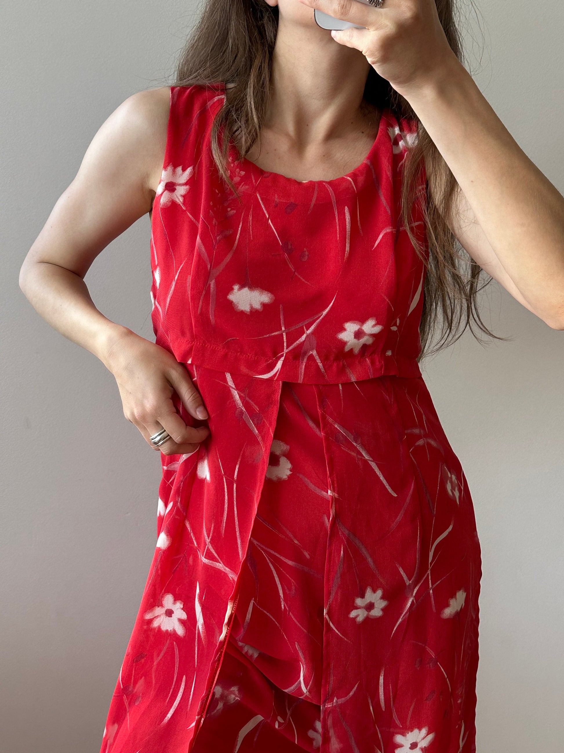 Vintage floral dress in red, maxi sleeveless summer dress