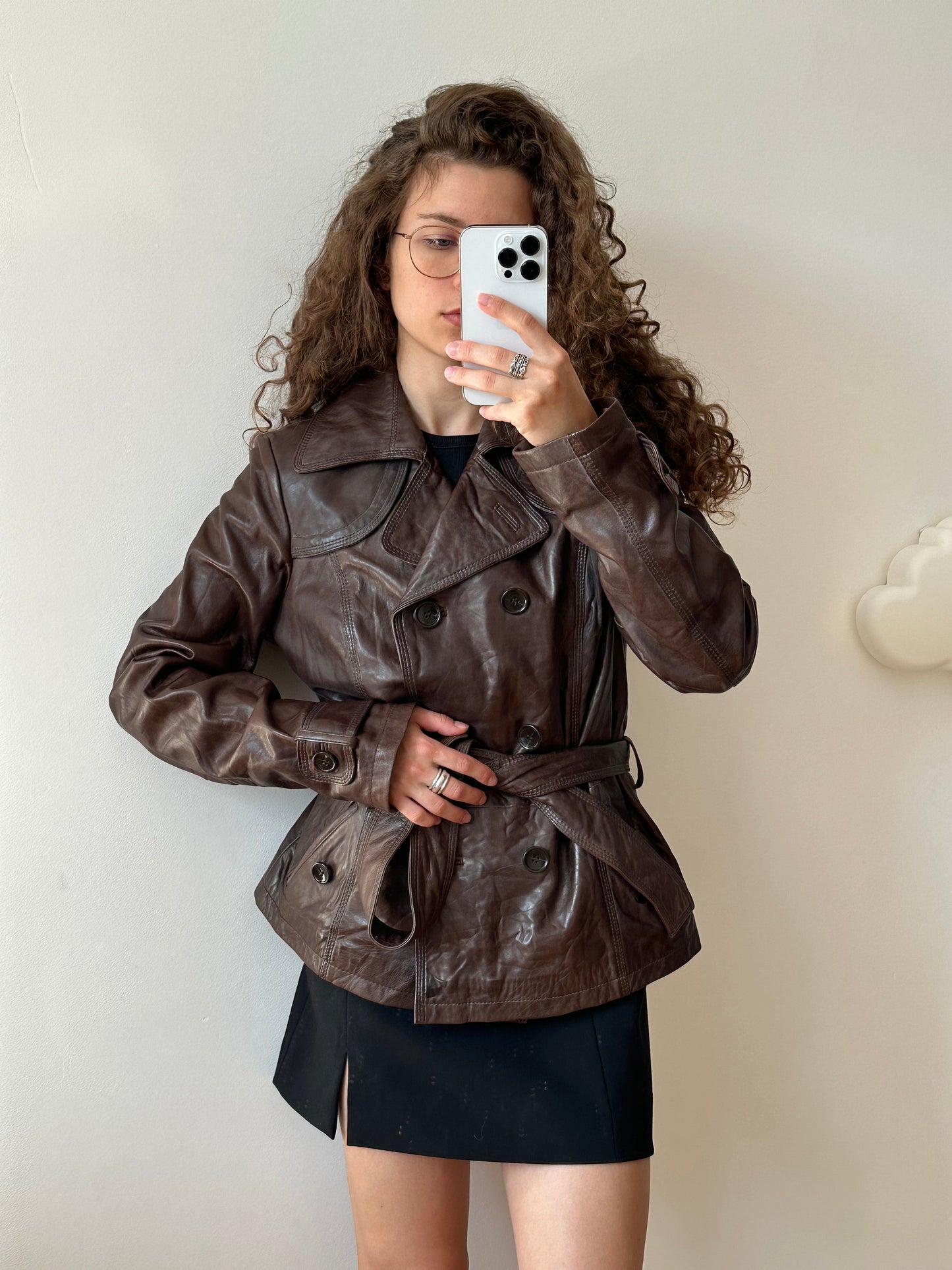 Vintage brown leather belted coat, short leather coat