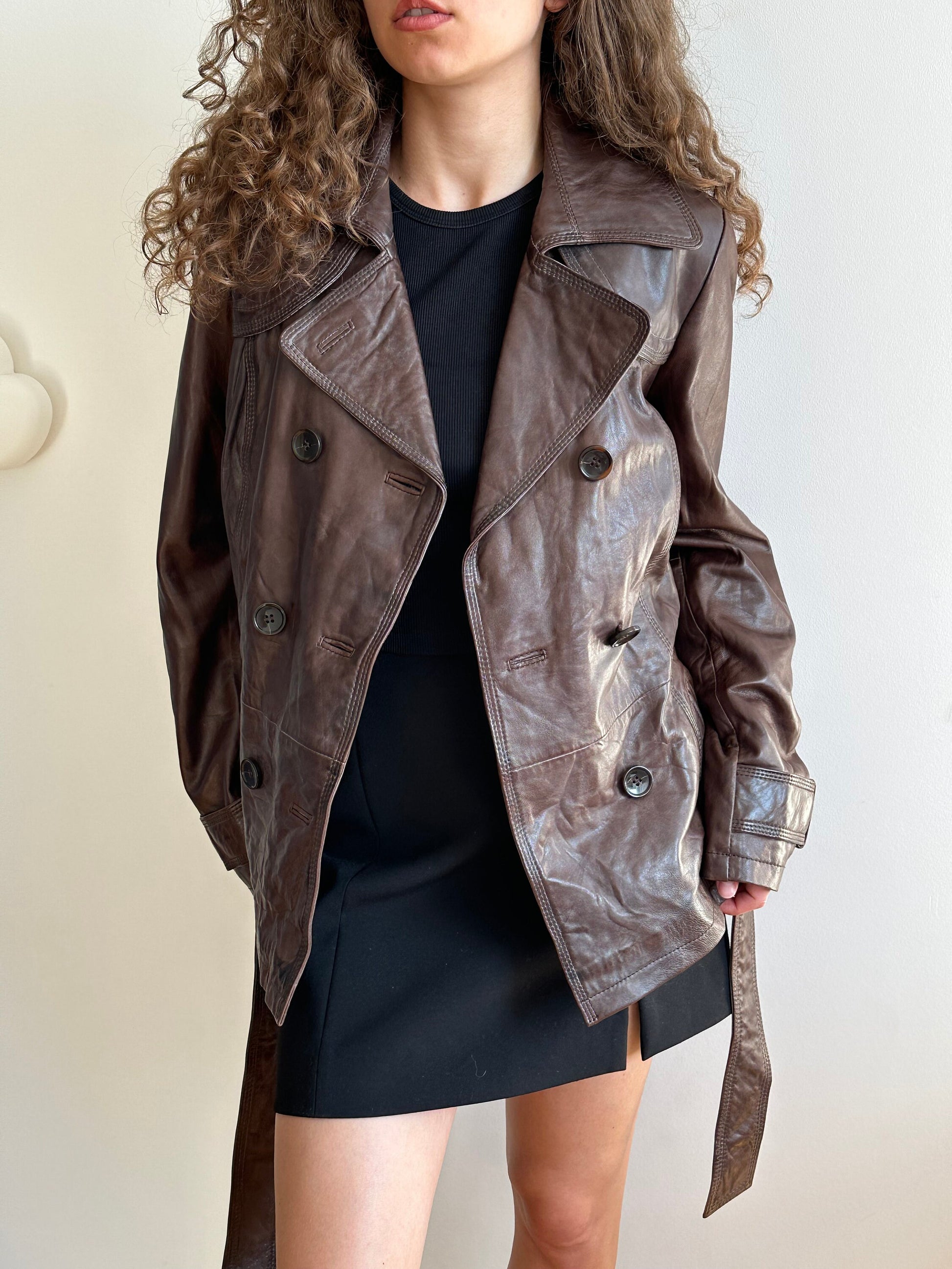 Vintage brown leather belted coat, short leather coat