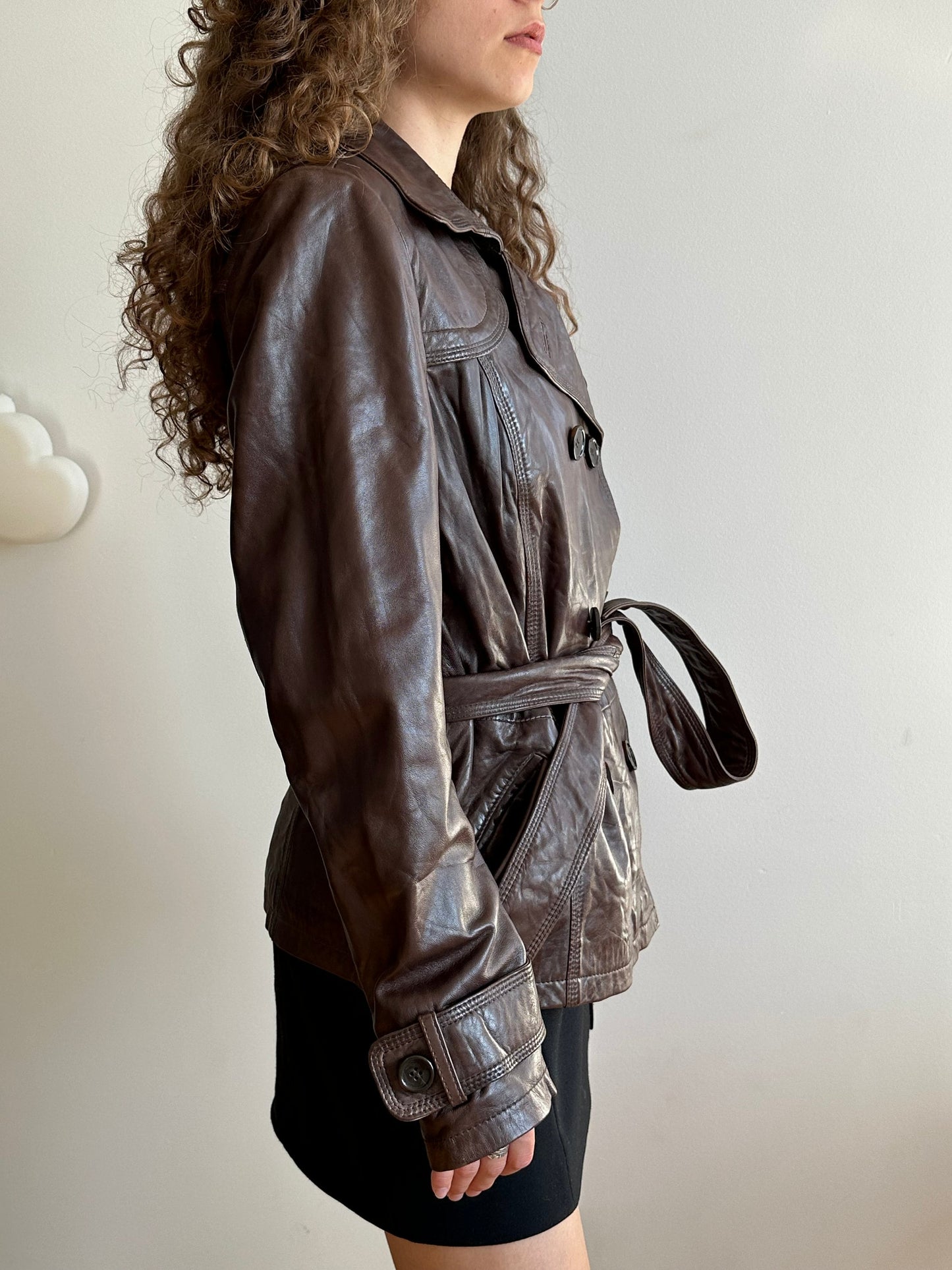 Vintage brown leather belted coat, short leather coat