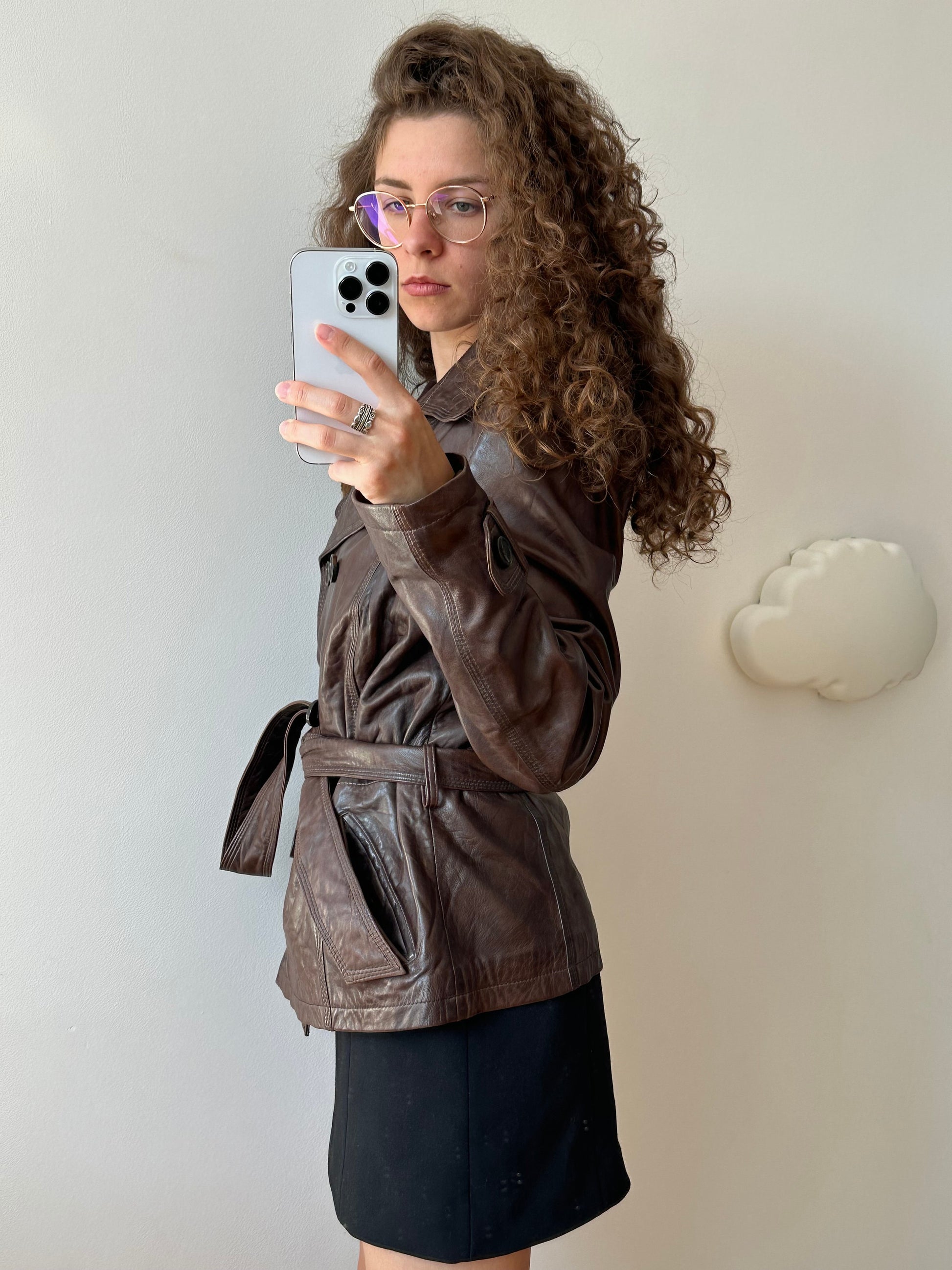 Vintage brown leather belted coat, short leather coat