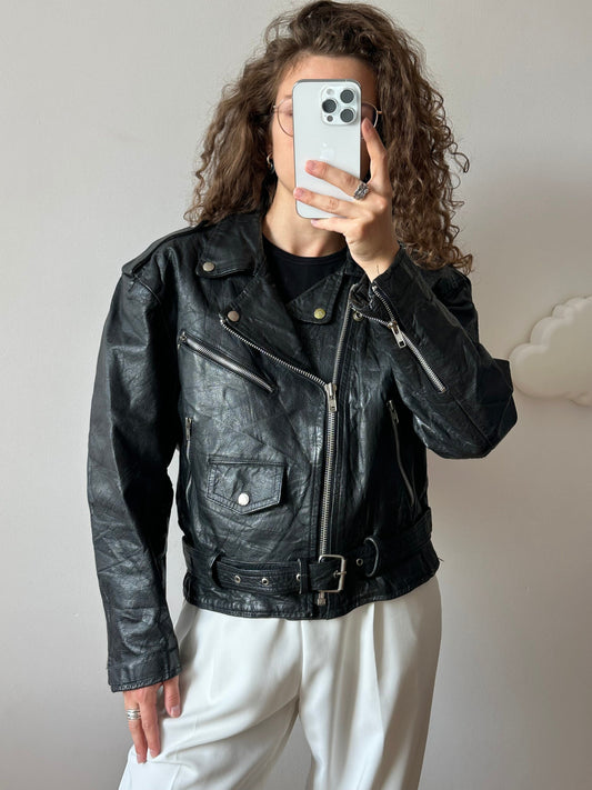 Vintage 90s stiff leather biker jacket, motorcycle jacket in black