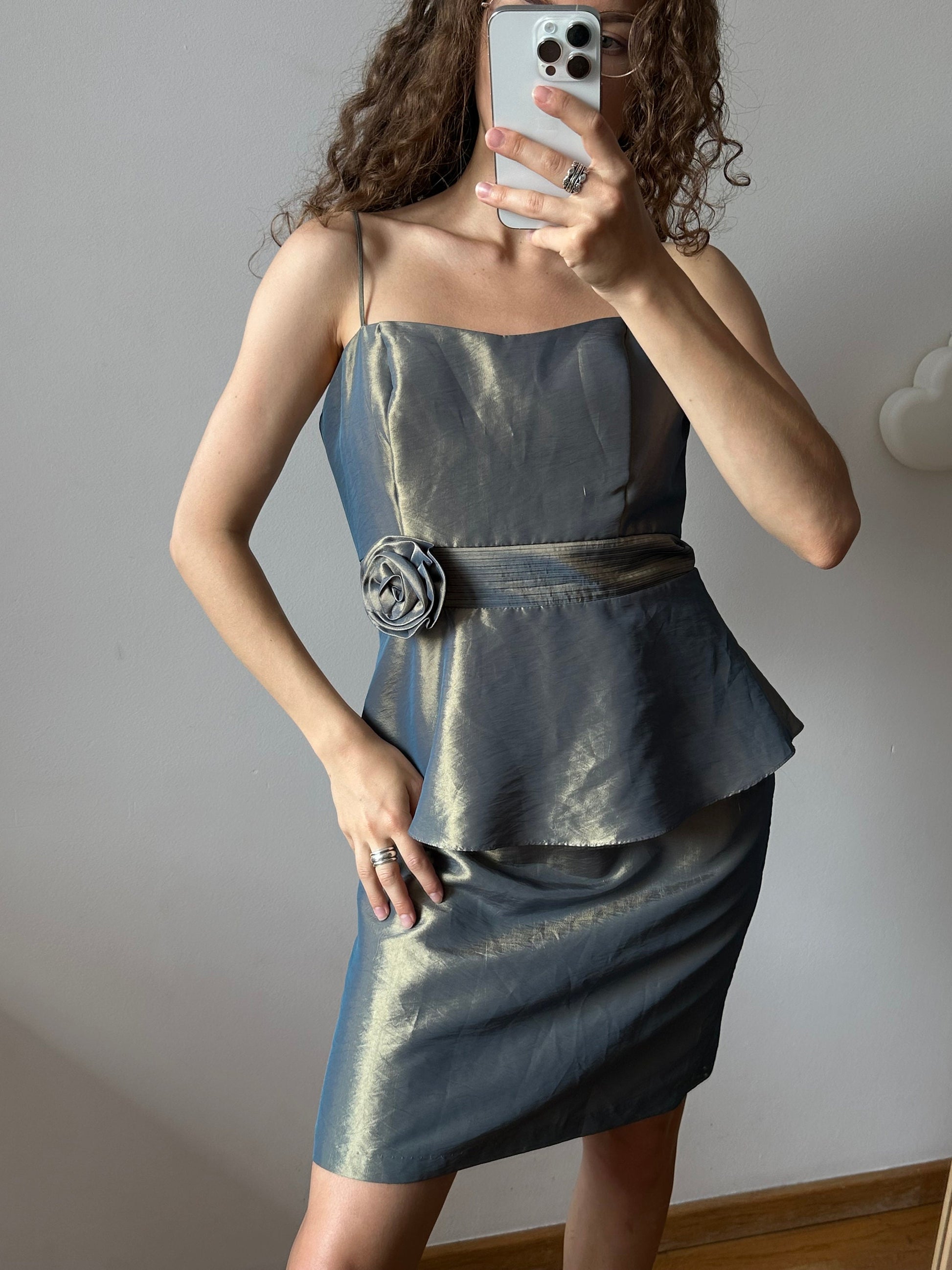 Vintage cocktail dress, midi satin prom dress
