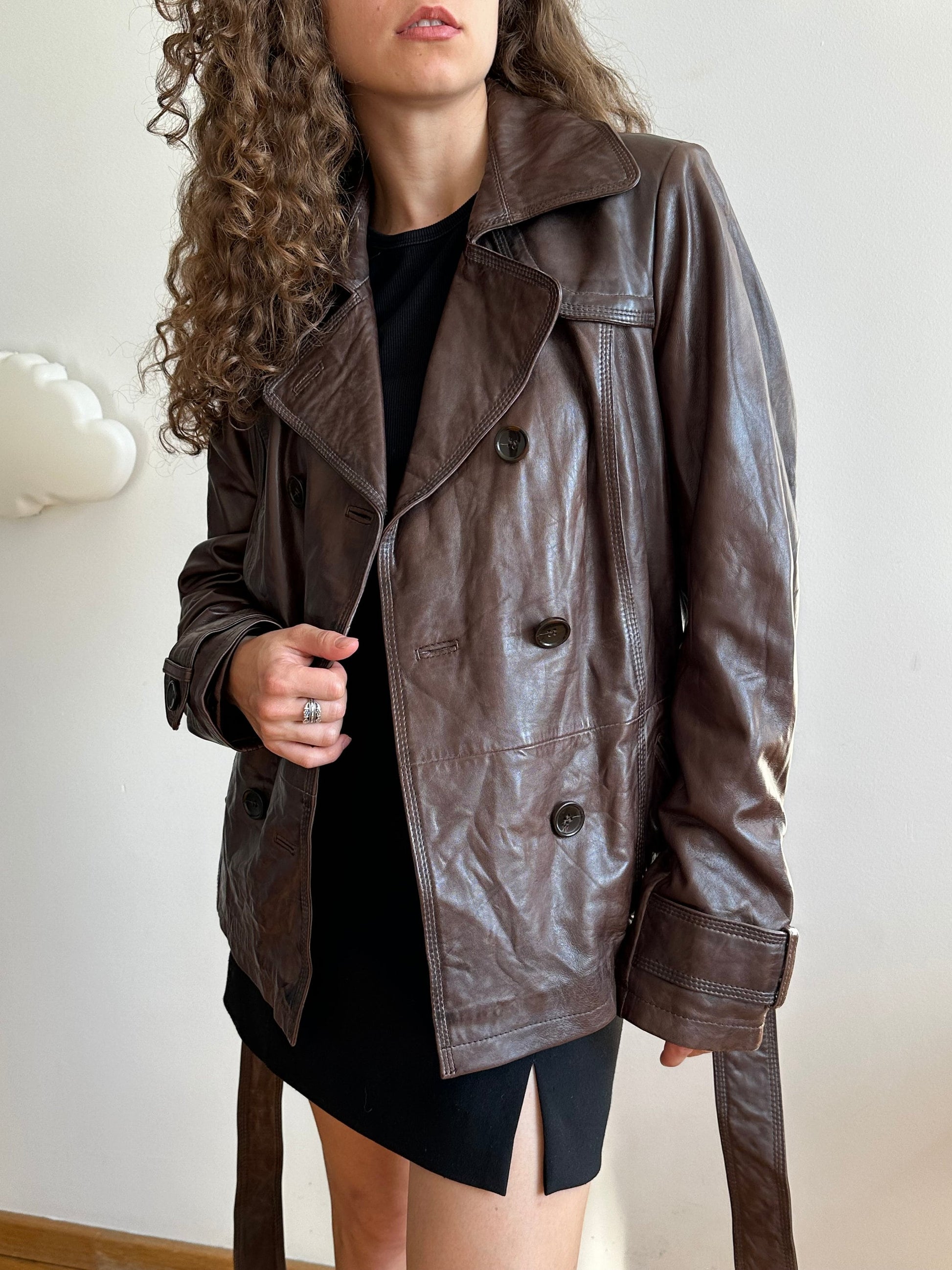 Vintage brown leather belted coat, short leather coat