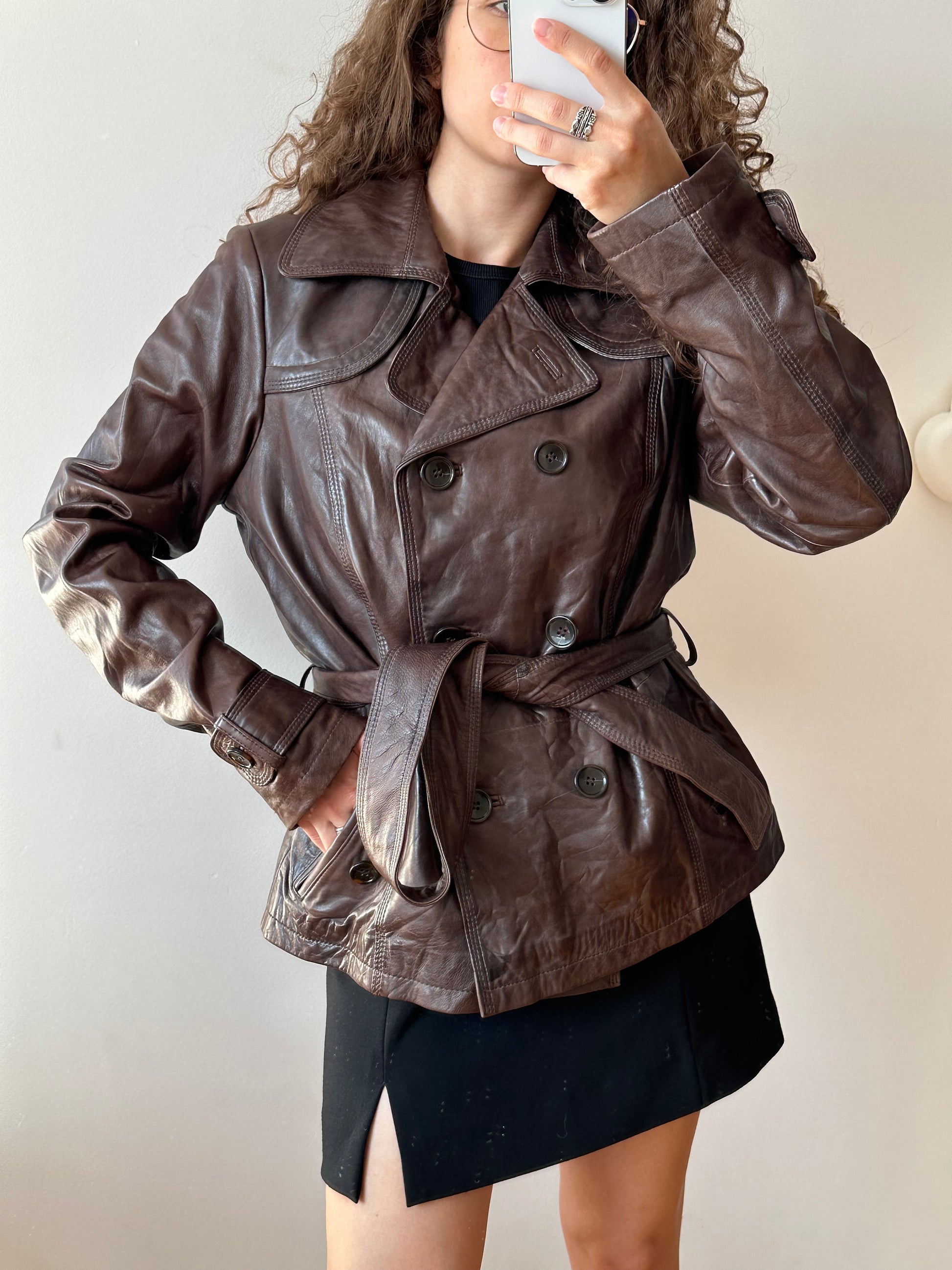 Vintage brown leather belted coat, short leather coat