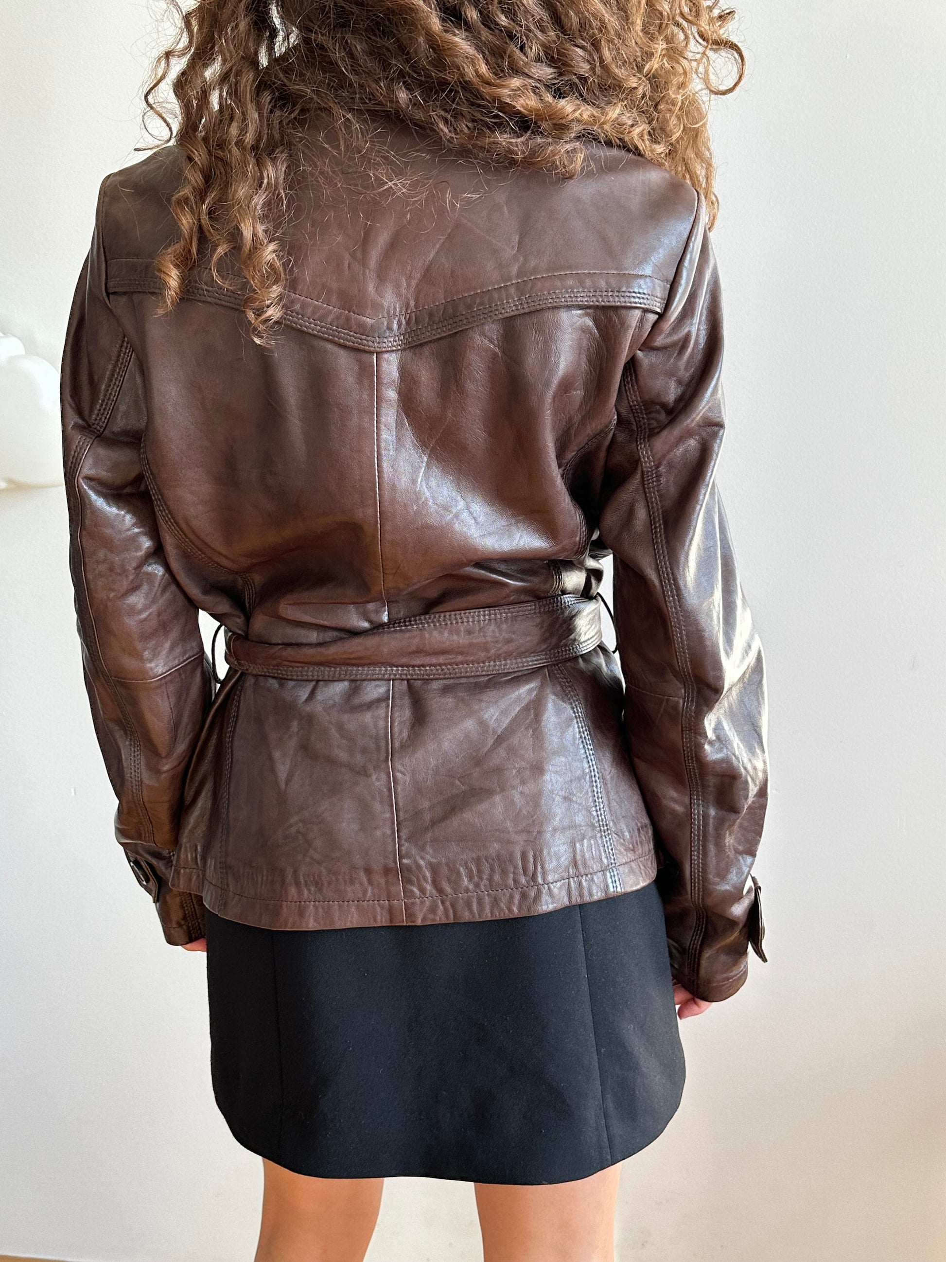 Vintage brown leather belted coat, short leather coat