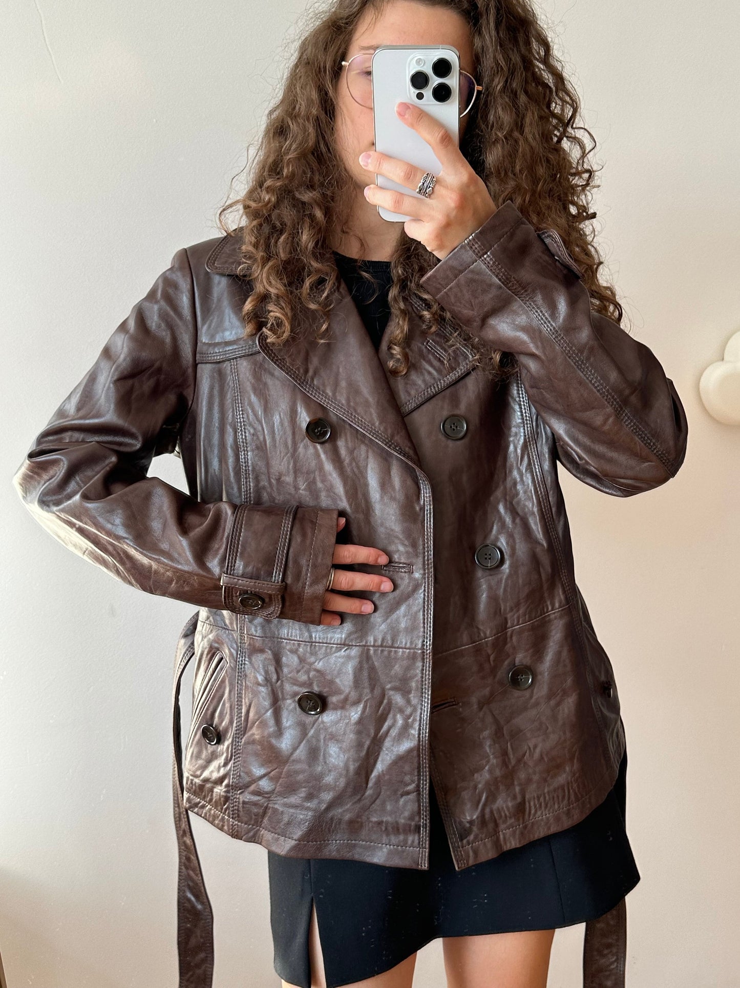 Vintage brown leather belted coat, short leather coat