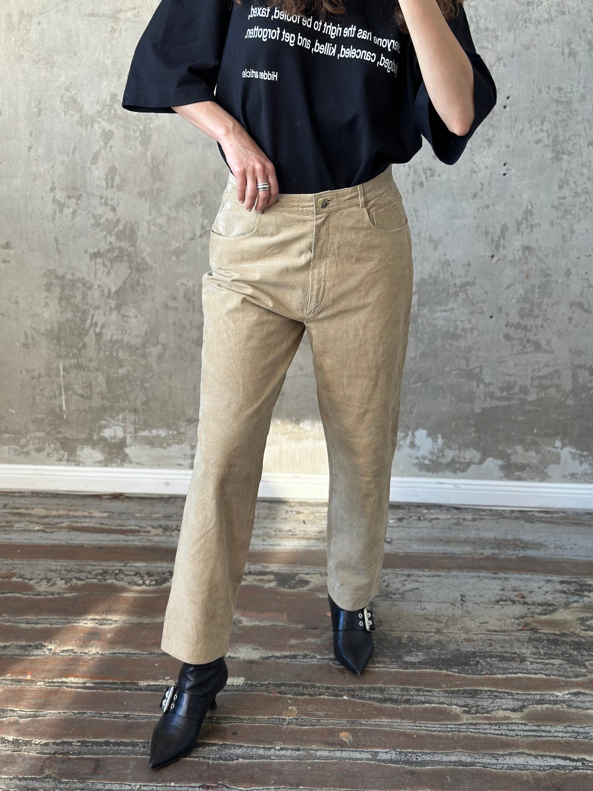 Vintage genuine leather skinny trousers in white/beige