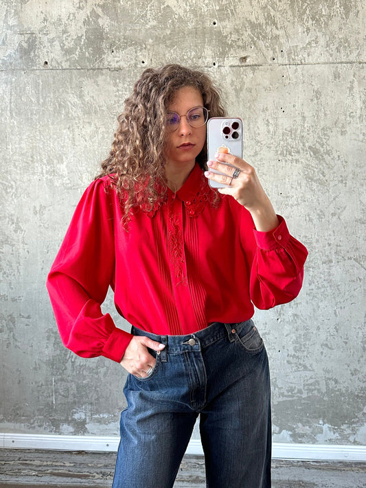 Vintage embroidered women blouse in red