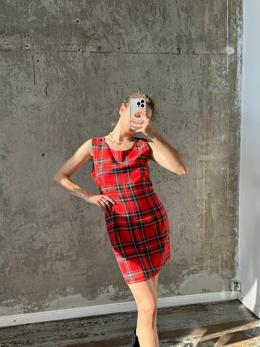 Vintage check dress in red, mini sleeveless sundress