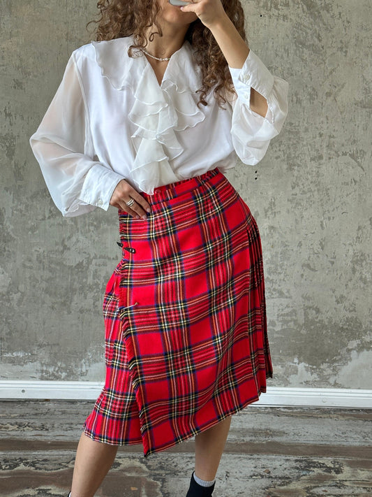 Vintage traditional tartan plaid wool Scottish kilt, check skirt in red