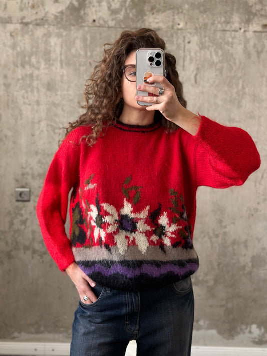 Vintage wool sweater in red, 80s ugly fuzzy sweater with flowers