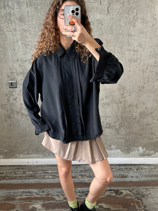 Vintage chiffon blouse in black, women flowy blouse