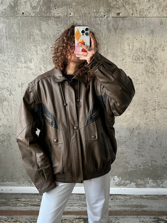 Vintage 90s brown leather motorcycle bomber jacket