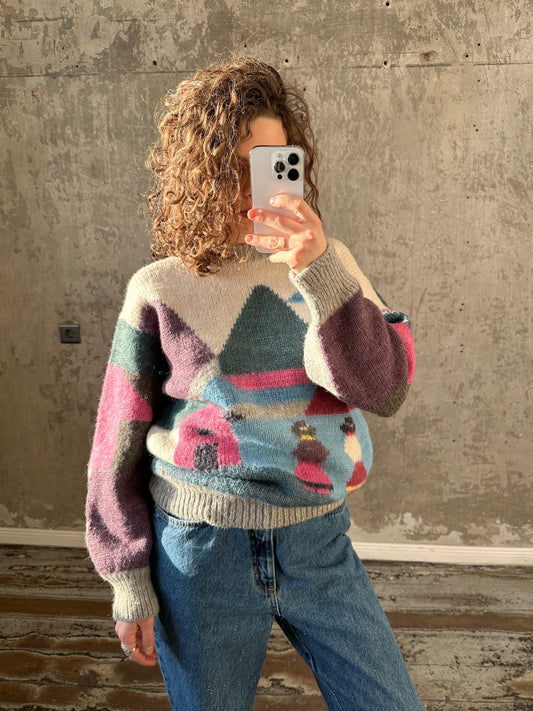 Vintage wool sweater with colourful peisage