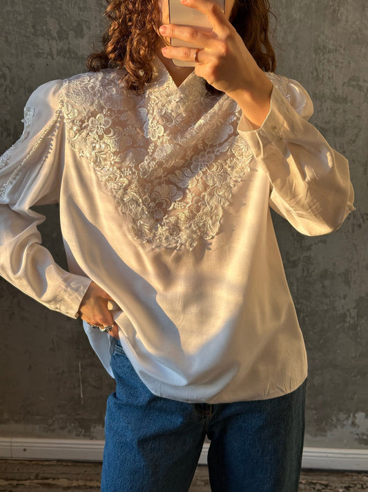 Vintage embroidered blouse in white, backwards blouse