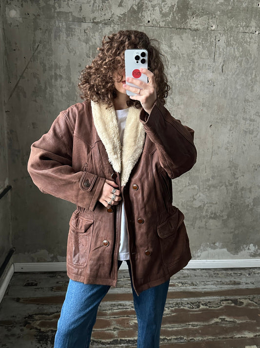 Vintage shearling coat, brown sheepskin jacket