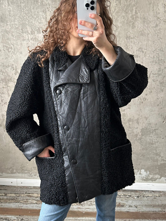 Vintage astrakhan coat in black with leather details