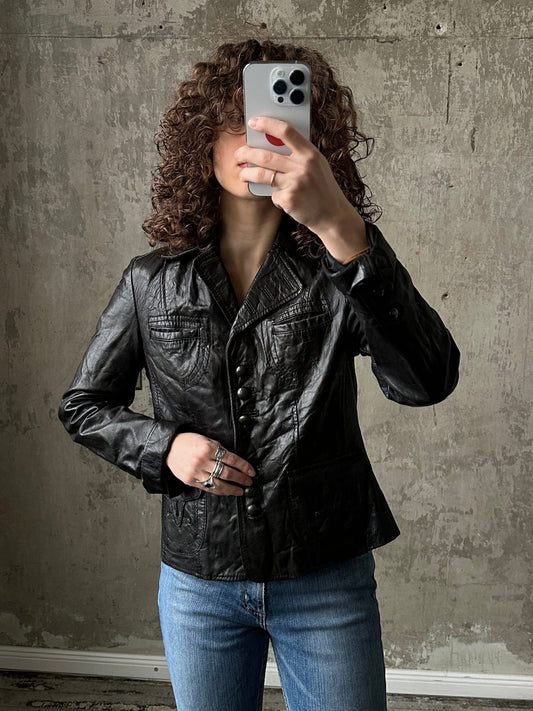 Vintage boxy leather blazer in black, leather jacket