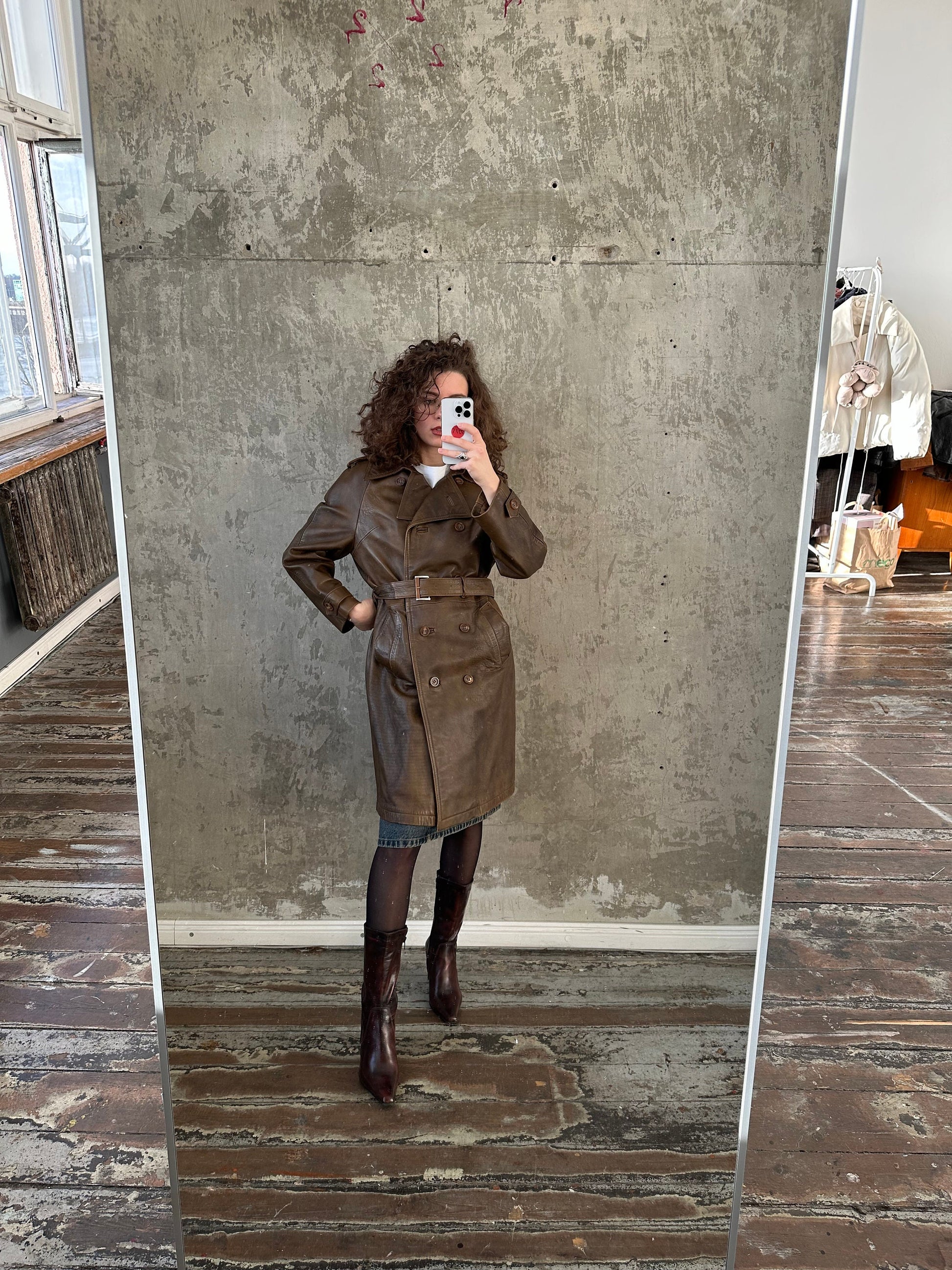 Vintage 90s genuine leather coat in brown, belted coat