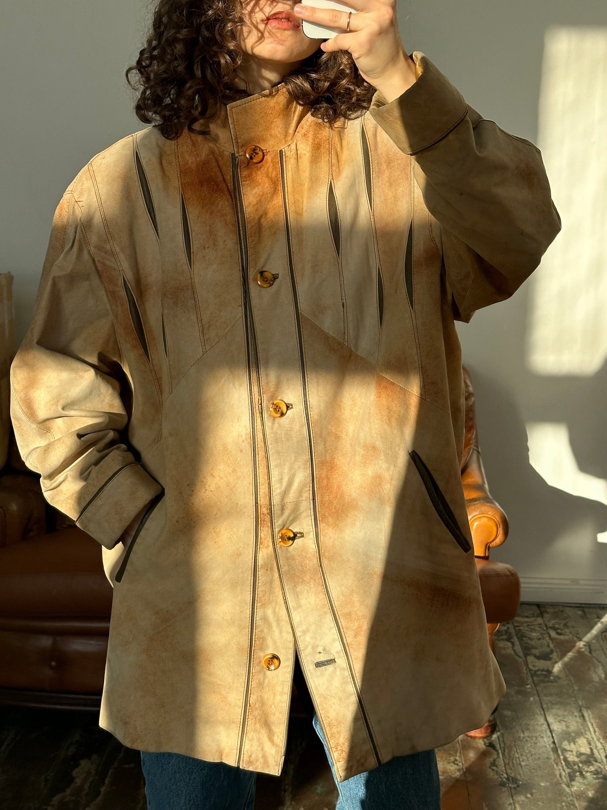 Vintage brown leather coat, midi wide coat