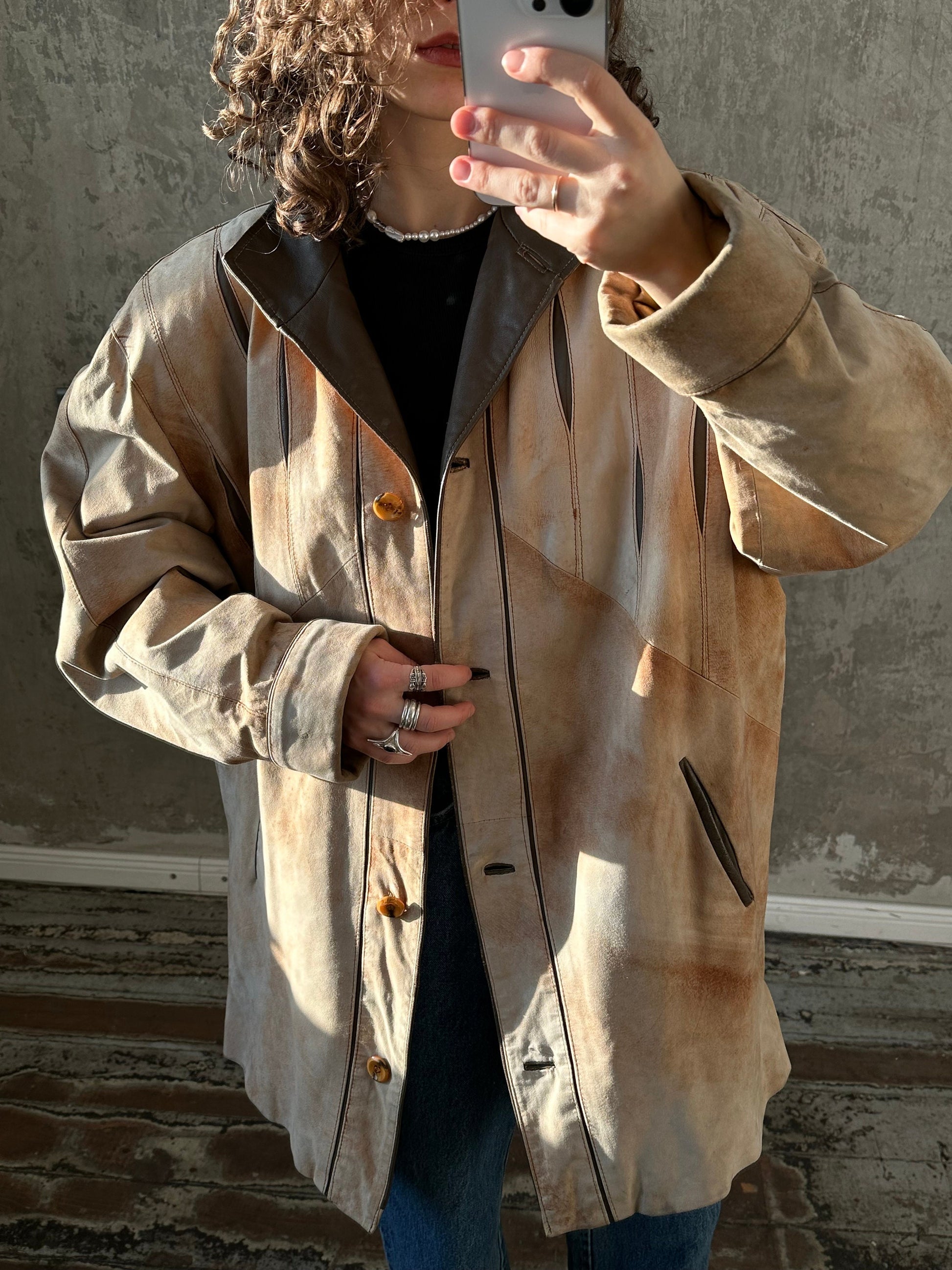 Vintage brown leather coat, midi wide coat