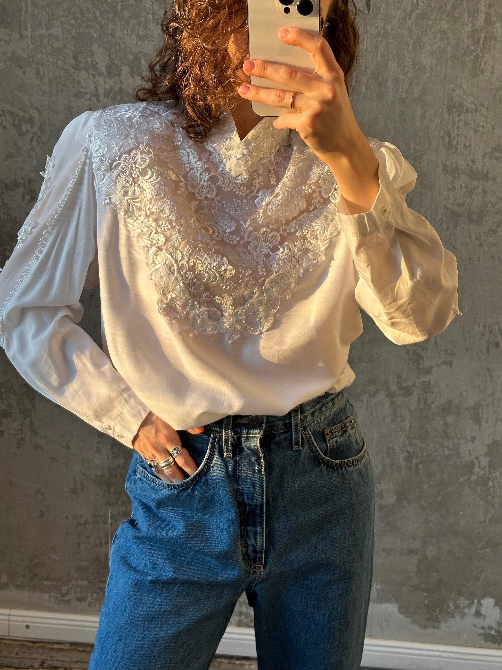 Vintage embroidered blouse in white, backwards blouse