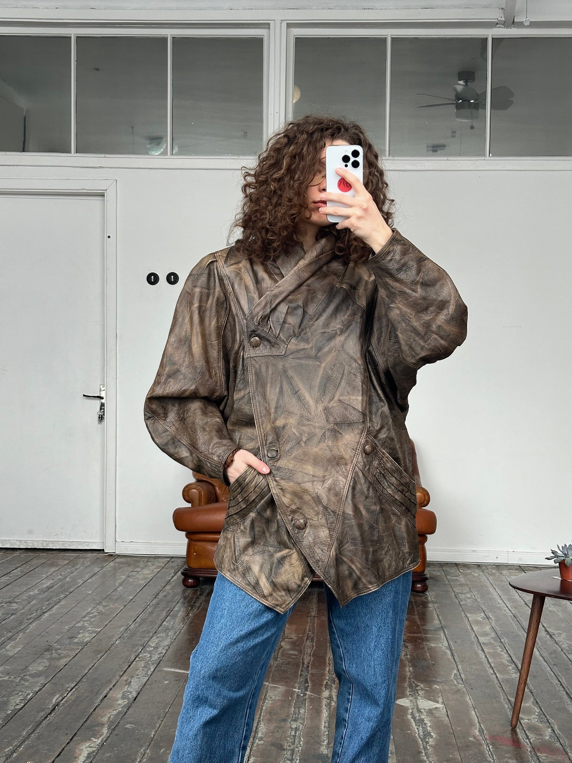 Vintage brown leather jacket, shawl collar bomber jacket
