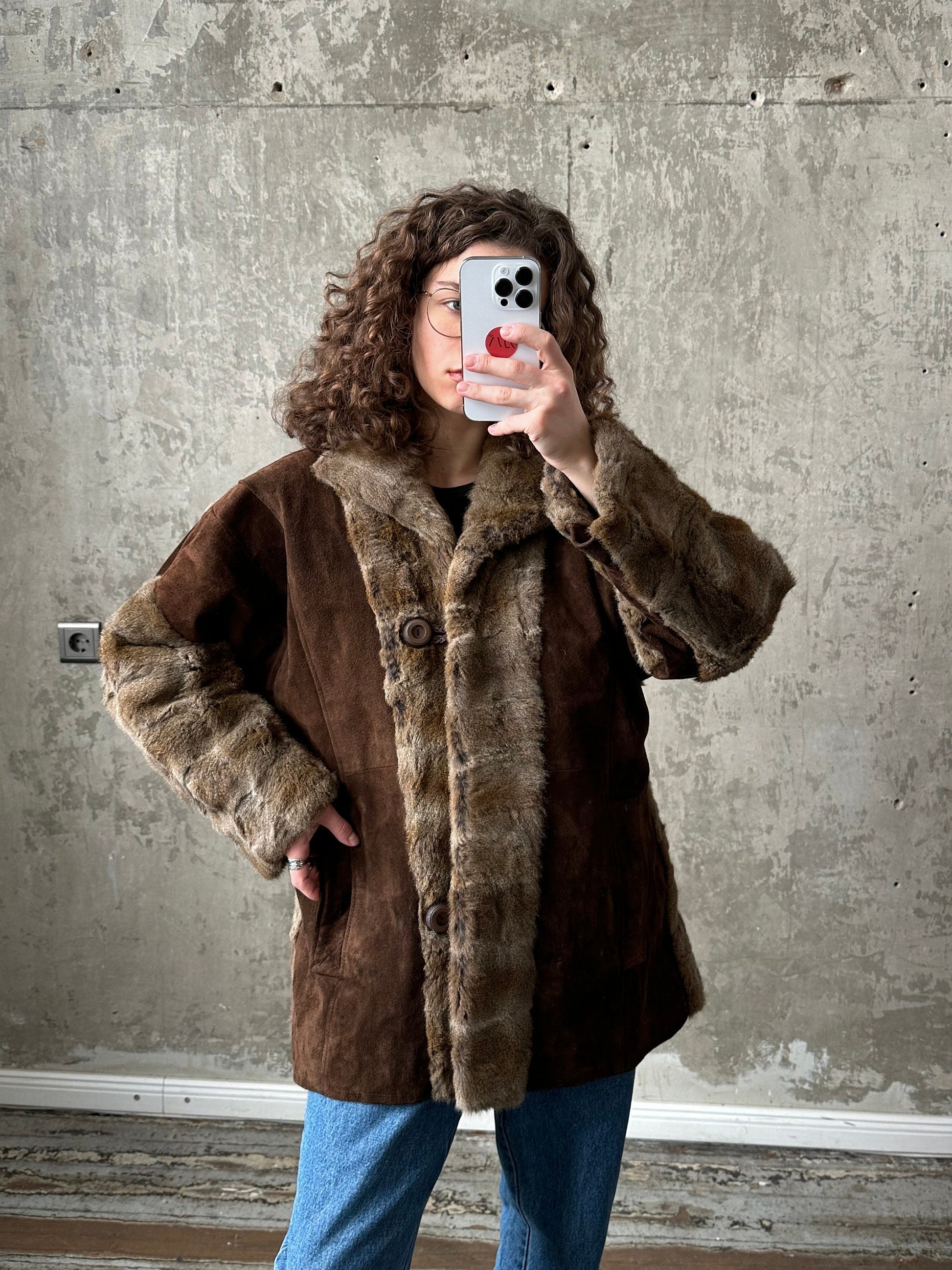 Vintage 90s brown rabbit fur leather jacket, shearling coat