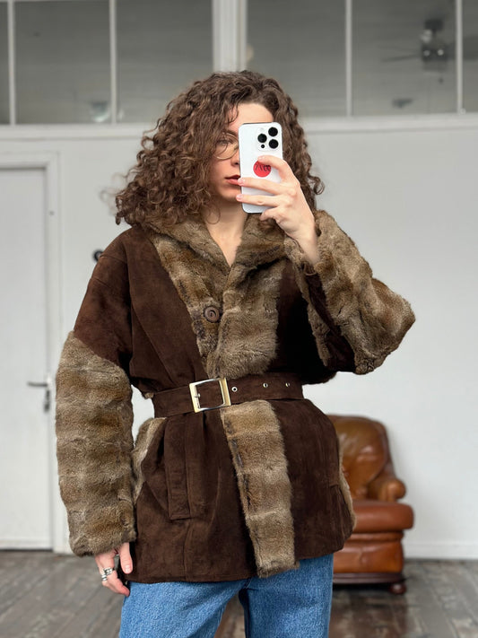 Vintage 90s brown rabbit fur leather jacket, shearling coat