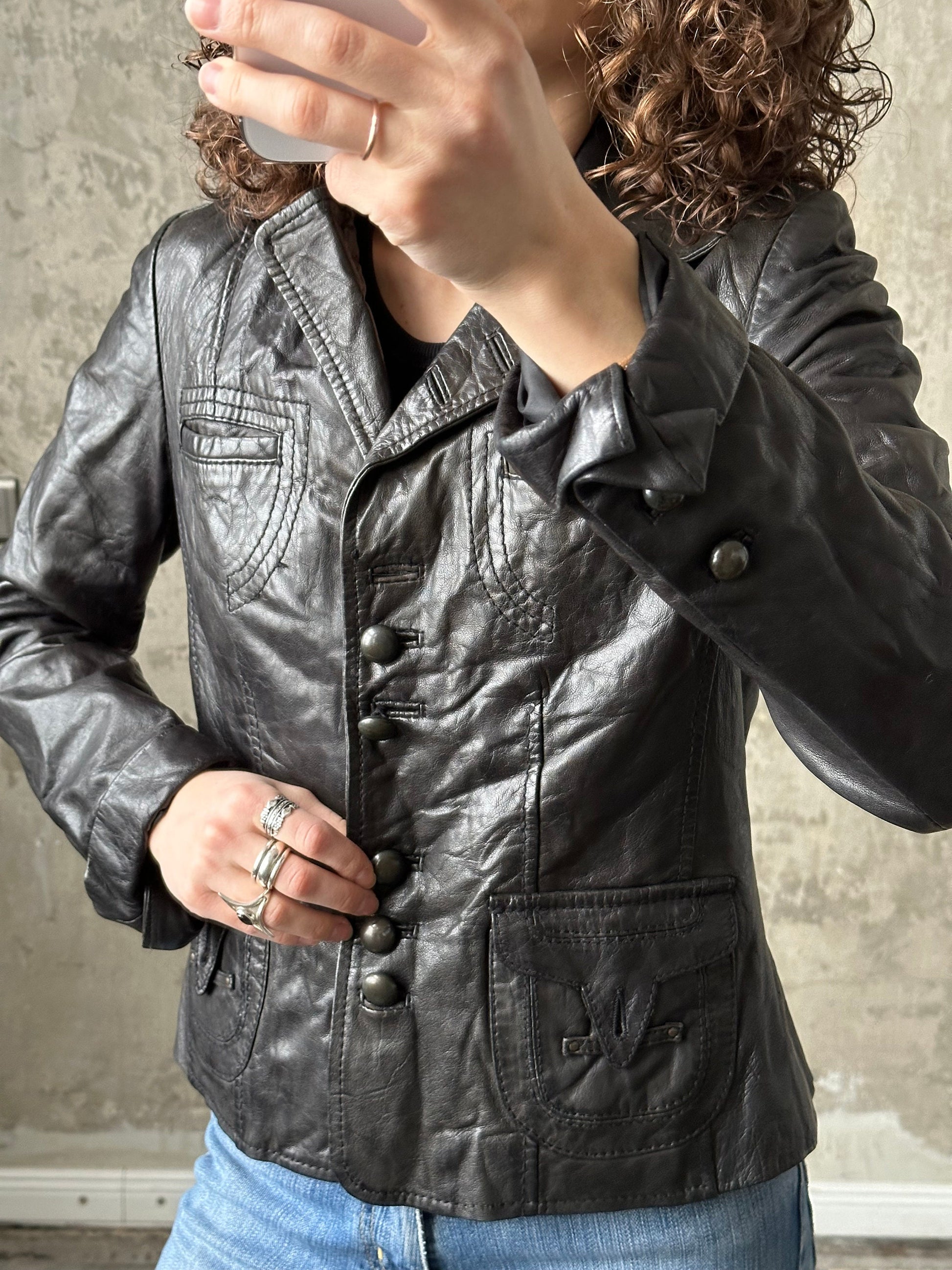 Vintage boxy leather blazer in black, leather jacket