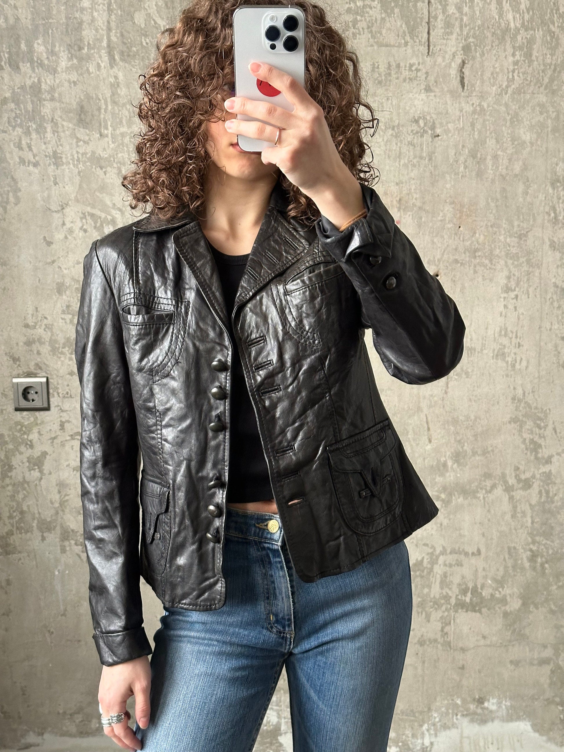 Vintage boxy leather blazer in black, leather jacket