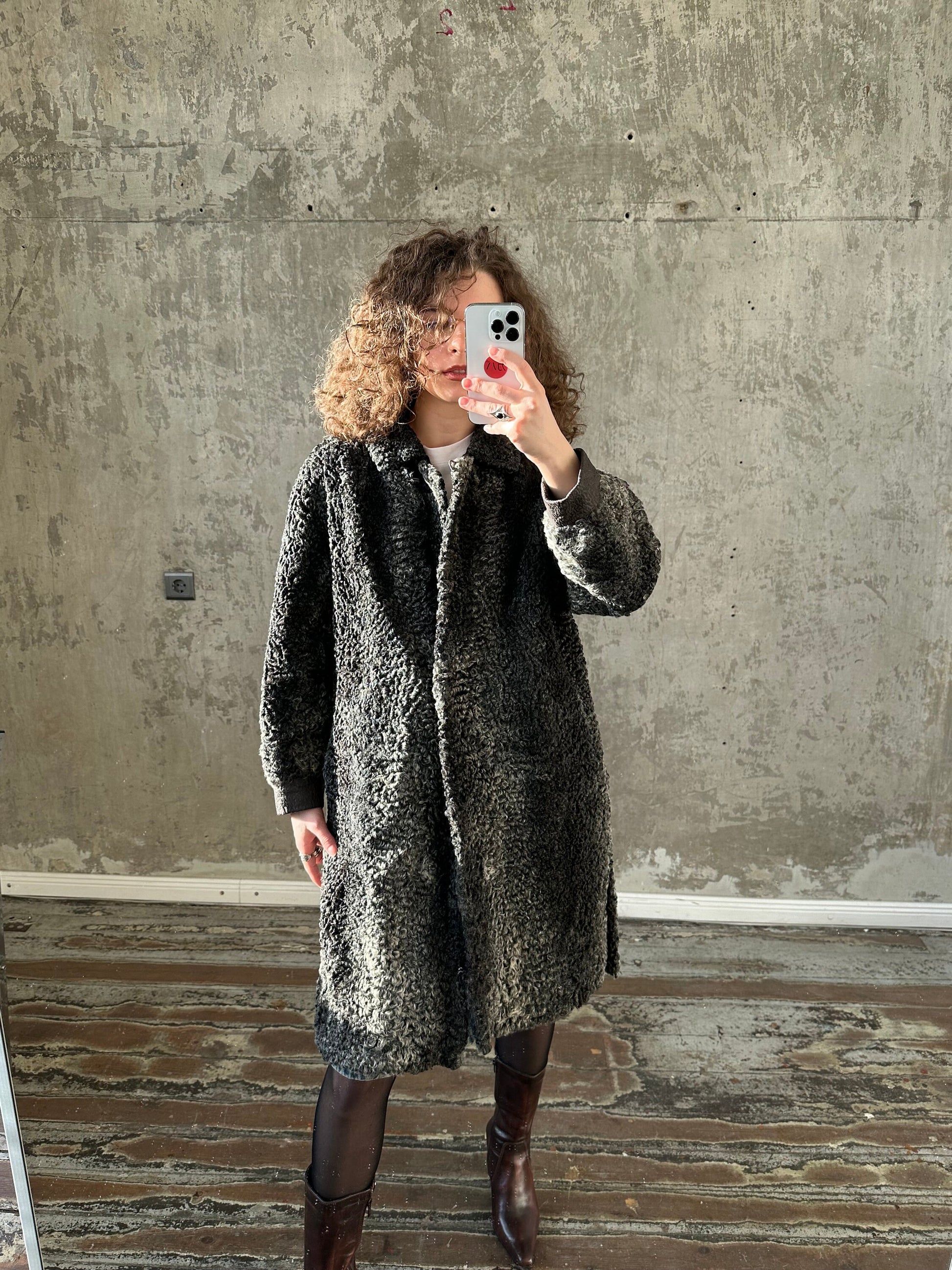 Vintage astrakhan long coat in grey and black, fur coat