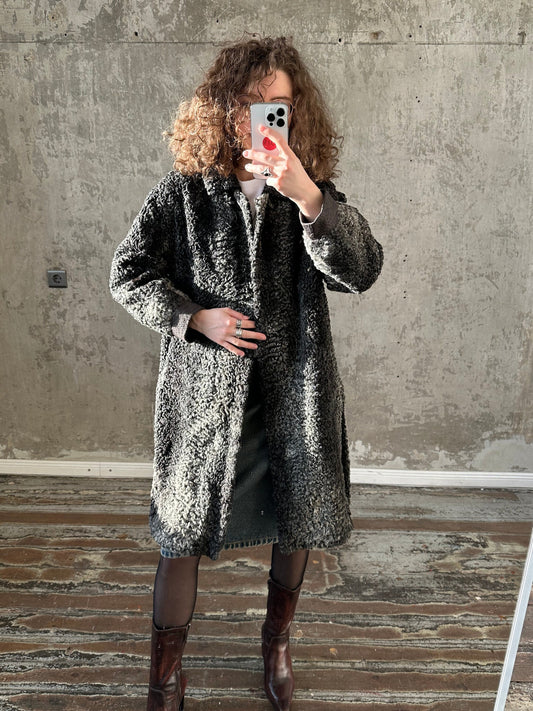 Vintage astrakhan long coat in grey and black, fur coat